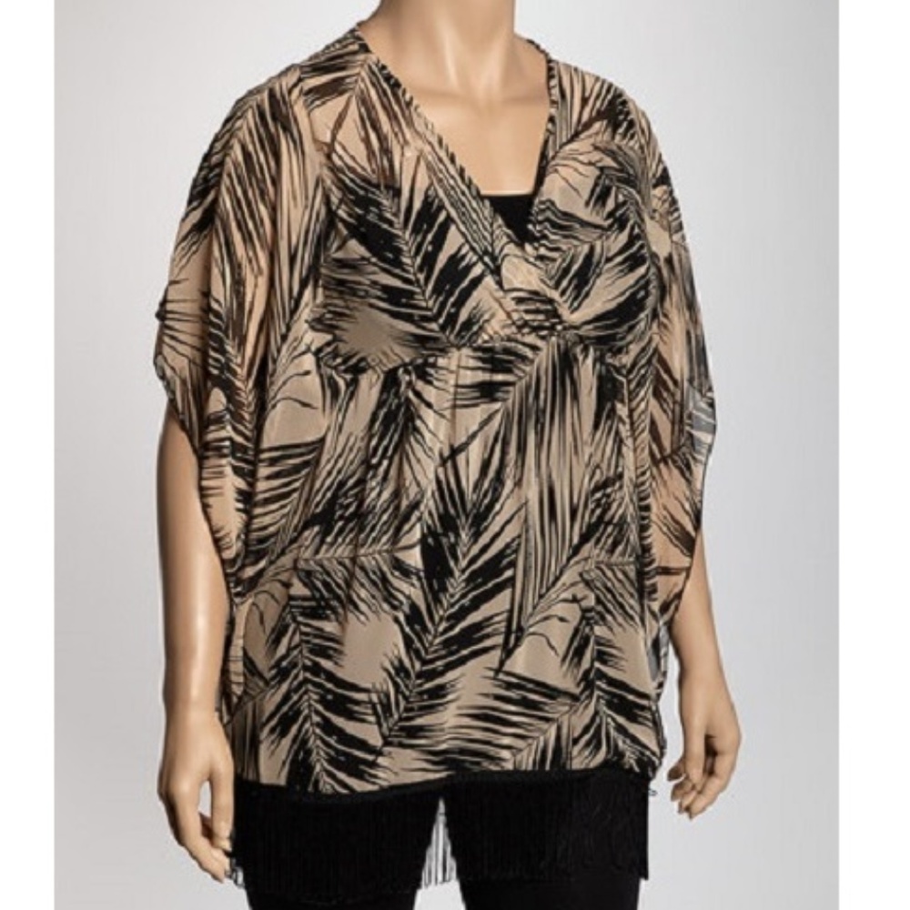 2XL Trac Sheer Palm Frond Print Fringe Blouse